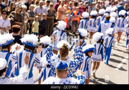 Hannover, Deutschland. 12.. Juni 2022. Mitglieder des Karnevalsvereins Lindener Narren gehen während der 'Parade der Vielfalt' im Rahmen des Niedersächsischen Tages 37. am Publikum vorbei. Quelle: Moritz Frankenberg/dpa/Alamy Live News Stockfoto