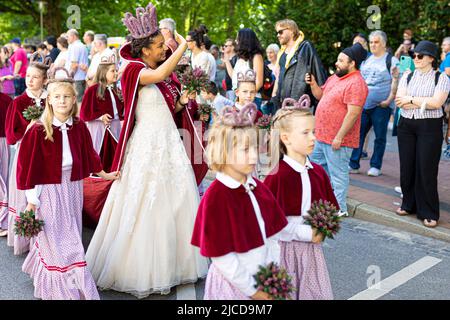 Hannover, Deutschland. 12.. Juni 2022. Die Heidenkönigin von Amelinghausen (M) passiert das Publikum während der 'Parade der Vielfalt' im Rahmen des Niedersächsischen Tages 37.. Quelle: Moritz Frankenberg/dpa/Alamy Live News Stockfoto