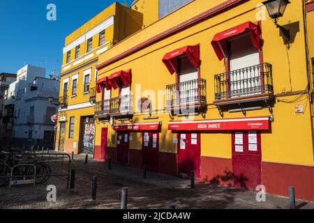 Macarena, Sevilla, Spanien -- 11. Juni 2022. Eine Weitwinkelaufnahme einer Bodega im Macarena-Teil von Sevilla, Spanien. Stockfoto