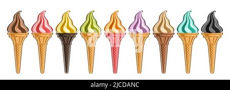 Vector Ice Cream Set, Lot-Sammlung von 9 ausgeschnittenen verschiedenen Illustrationen von realistischem erfrischendem Eis, horizontales Banner mit farbenfrohem coolen icec Stock Vektor