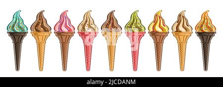 Vector Ice Cream Set, Lot-Sammlung von 9 ausgeschnittenen verschiedenen Abbildungen von realistischem erfrischendem Eis, horizontales Banner mit amerikanischem kalten icec Stock Vektor