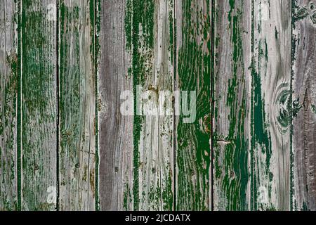 Alte, verzweifelte Holzwand mit abgenutzter, grün abblätternder Farbe und grungenem Holzhintergrund Stockfoto