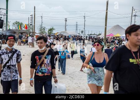 Nakhom Pathom, Thailand. 12.. Juni 2022. Festivalbesucher am zweiten Tag des Marihuana-Festivals „Thailand 420 Legal-AEW“ außerhalb von Nakhom Pathom, Thailand, am Sonntag, den 12. Juni 2022. Thailand entkriminalisierte vor kurzem Marihuana, was einen Boom im Marihuana-Geschäft ankurbelte. (Bild: © Andre Malerba/ZUMA Press Wire) Stockfoto