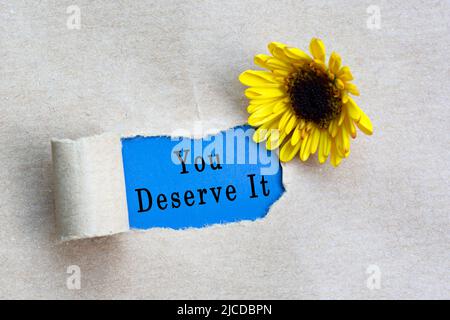 Sie verdienen es Text auf eingerissenen Loch in das Blatt aus braunem Papier auf grünem Hintergrund mit Sonnenblume. Stockfoto