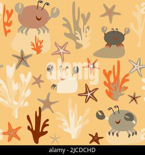 Mehrfarbige Seesterne und Krabben nahtloses Muster ohne Hintergrund Stock Vektor