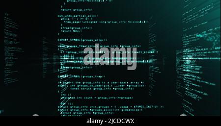 Bild der Datenverarbeitung und Lichtspuren auf schwarzem Hintergrund Stockfoto