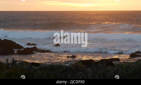 Felsige, zerklüftete pazifikküste, Meereswellen, die auf Felsen krachen, 17 Meilen Fahrt, Monterey California USA. Dramatische Sonnenuntergangslandschaft in der Nähe von Point Lobos, Big Sur, Kiesstrand. Vögel fliegen, regnerisches Wetter Stockfoto