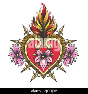 Tattoo von Sacred Heart Bunte Symbol auf weiß isoliert. Vektorgrafik. Stock Vektor