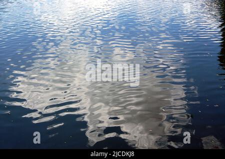 Blauer Himmel und flauschige Wolken verzerrt auf dem Wasser Stockfoto