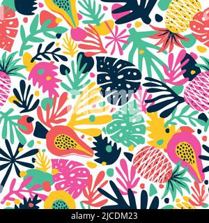 Nahtloses exotisches Muster mit kreativen modernen Früchten. Handgezeichneter trendiger Hintergrund. Abstraktes Muster mit Papaya Ananas und Blättern. Design für Karten Stock Vektor