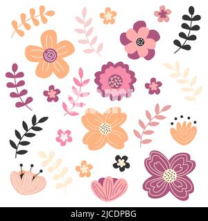 Frühlingsblumen in Pastellfarben. Kollektion mit Blumen- und Blattelementen. Einfache handgezeichnete Symbole auf Weiß Stock Vektor