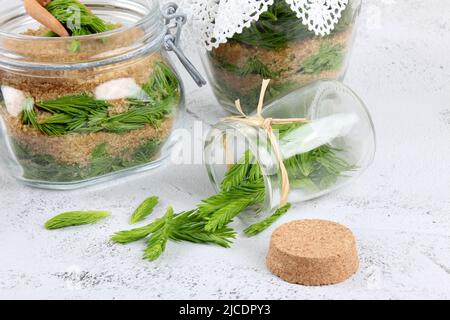 Fermentation junge Fichtentriebe bereiten sich mit braunem Zucker vor. Heilmittel gegen Husten und Asthma. Homöopathie und natürliche Volksmedizin. Stockfoto