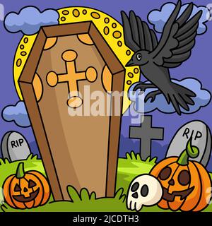 Krähe in Einem Friedhof Halloween farbigen Cartoon Stock Vektor