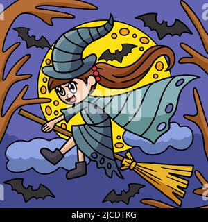 Hexe reitet auf Einem Besen Halloween farbigen Cartoon Stock Vektor