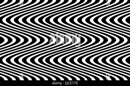 Psychedelischer Text. Abstraktes Muster. Textur mit gewelltem Banner, kurvenförmige Streifen. Hintergrund für optische Kunst. Wave schwarz-weiß Design, Vector