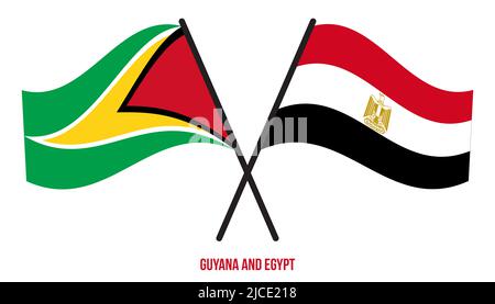 Guyana und Ägypten Flaggen gekreuzt und winken Flat Style. Offizieller Anteil. Korrigieren Sie Die Farben. Stockfoto