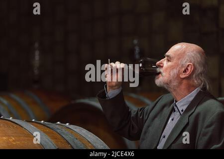 Leitender kaukasischer Mann mit Graubart, ein Weinkenner, der ein Glas hält und den Rotwein durch Anblick, Geruch und Geschmack analysiert Stockfoto