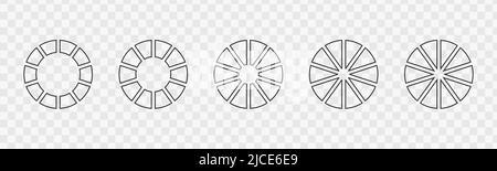 Satz von Outline-Donut-Charts oder Torten, die auf 10 gleiche Teile aufgeteilt sind. Infografik Räder auf zehn Segmente getrennt. Kreisdiagramme isoliert auf transparentem Hintergrund. Vektordarstellung Stock Vektor