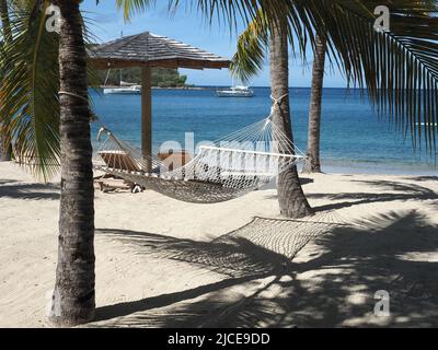 Blick auf eine Hängematte, die im Sommer zwischen zwei Palmen an einem wunderschönen karibischen Sandstrand in Antigua hängt Stockfoto