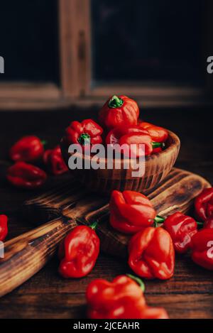 Heiße Habanero-Paprika in einer rustikalen Schüssel Stockfoto