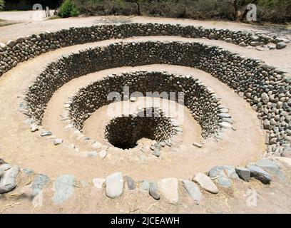 Cantalloc Aquädukt in Nazca oder Nazca Stadt, Spiral oder Kreis Aquädukte oder Brunnen, Peru, Inka Architektur und Kultur Stockfoto