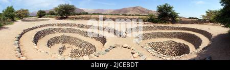 Cantalloc Aquädukt in Nazca, spiralförmige oder kreisförmige Aquädukte oder Brunnen, Peru Stockfoto