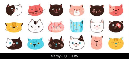 Katze Kopf Emotion Zeichentrickfigur Satz. Niedliches Kätzchen kawaii Gesichter Linie Symbol. Lächelnde Katzen lustig kindisch Baby Doodle flach Aufkleber. Isolierte Clipart Illustration Druckvorlage für Karte, Poster, Cover Stock Vektor