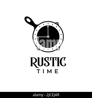 Vintage Retro Rustikal, Eisen-Skillet-Uhr-Symbol, Zeit für Food-Gerichte, klassische Restaurant-Küche, traditionelle Lebensmittel, Restaurant-Lebensmittel, Logo Vektor illu Stock Vektor