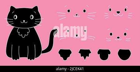 Niedliche Linie schwarze Katze mit Shirtfront Set. Eine Sammlung verschiedener Maulkörbe für ein Kätzchen. Kinderbild isoliert auf rosa Hintergrund. Kleines Haustier-Set Gesichter mit einem Schnurrbart. Vektorgrafik Stock Vektor
