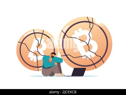 Geschäftsmann sitzt in der Nähe von abgestürzten Münzen Kryptowährung Crash Bitcoin Preis Zusammenbruch Krypto Verlust Investition Stock Vektor