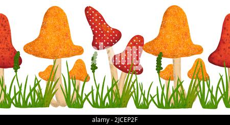 Handgezeichnete Herbst nahtlose horizontale Grenze mit Pilzen Wald Holz Gras Blätter. Waldrahmen in rot-orange-gelb. Dekorative Ornamentillustration Stockfoto