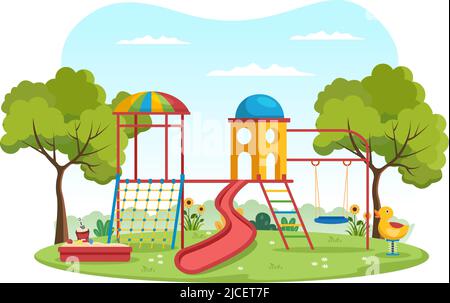 Kinder Spielplatz mit Schaukeln, Rutsche, Kletterleitern und mehr im Vergnügungspark für die Kleinen zum Spielen in flacher Cartoon Illustration Stock Vektor