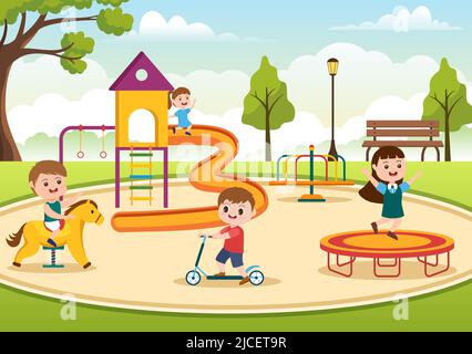 Kinder Spielplatz mit Schaukeln, Rutsche, Kletterleitern und mehr im Vergnügungspark für die Kleinen zum Spielen in flacher Cartoon Illustration Stock Vektor