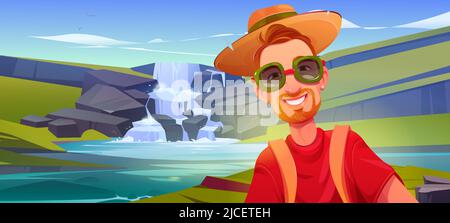 Tourist nimmt Selfie-Foto über schönen Wasserfall Kaskade auf Reisen. Porträt eines jungen Mannes in Sonnenbrillen bei Outdoor-Expedition in der Natur, Wanderreise im Urlaub, Cartoon-Vektor-Illustration Stock Vektor