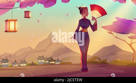 Asiatische Frau im traditionellen Kimono mit Fächer in den Händen stehen auf der Landschaft des Bergdorfes mit alten typischen Häusern und Laternen hängen an blühenden Sakura-Bäumen. Antikes Japan Cartoon Vektor Illustration Stock Vektor