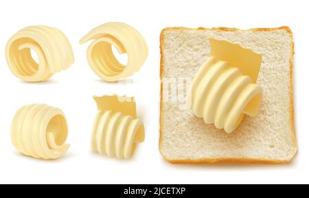 Quadratische Brotscheiben für Sandwich oder Toast mit Buttercurl oder gerollter Margarine 3D isolierter Vektor-Set realistische Abbildung, Draufsicht, traditionelles Frühstück auf weißem Hintergrund. Stock Vektor