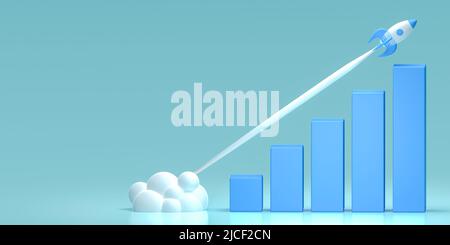 Reaktives, schnelles Wachstum von Wirtschaftsindikatoren. Wirtschafts- und Finanzwachstum. Web-Banner für das Rocket Growth Chart. Schnelles Wachstumsdiagramm. Finanzdatenkonzept Stockfoto