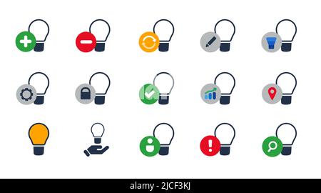 Glühbirne Idee Lampe Kreativität Phantasie Symbol set Sammlung isoliert Grafik Stock Vektor