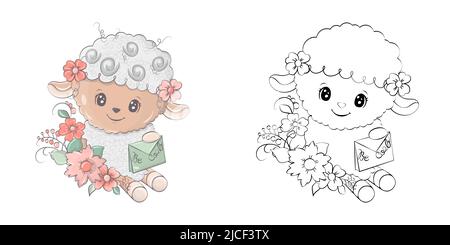 Cute Sheep Clipart für Malvorlagen und Illustrationen. Happy Clip Art Lamm mit Blumen und Brief. Vektor-Illustration eines Tieres für Aufkleber Stock Vektor