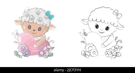 Cute Clipart Lamm Illustration und zum Malen Seite. Cartoon Clip Art Schaf umarmt ein Herz. Vektor-Illustration eines Tieres für Aufkleber, Baby Stock Vektor