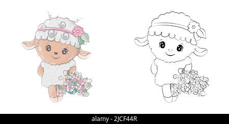 Cute Schafe Clipart Illustration und Schwarz und Weiß. Lustige Clip Art Lamm mit einem Korb von Blumen. Vektor-Illustration eines Tieres für Malvorlagen Stock Vektor