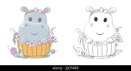 Hippopotamus Clipart für Malvorlagen und mehrfarbige Illustrationen. Entzückende Clip Art Hippo in einem Korb von Blumen. Vektor-Illustration eines Tieres Stock Vektor
