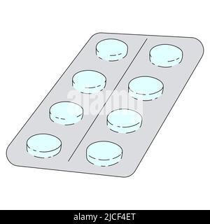 Tabletten in einer Blisterverpackung. Blaue Pillen im Cartoon-Stil. Vektordarstellung auf weißem Hintergrund isoliert Stock Vektor