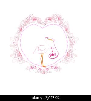 Baby Girl Card - Ein Storch liefert ein Baby Mädchen. Stock Vektor