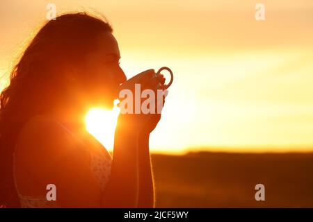 Seitenansicht Porträt einer Frau Silhouette trinken Kaffee bei Sonnenuntergang auf einem Feld
