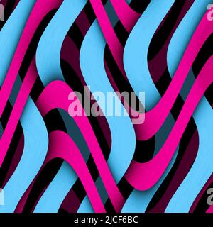 Heller mehrfarbiger gekrümmter Linienhintergrund. Glänzendes, neonfarbenes Wellenmuster. Abstrakte psychedelisch Illustration. Quadratisches Format, 3D Rendering Stockfoto