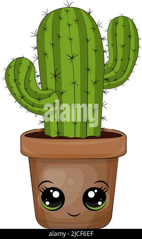 Cute Cactus Clipart für Kinder Feiertage und Waren. Kawaii Clip Art Kaktus in einem Topf. Vektor-Illustration eines Tieres für Aufkleber, Drucke für Kleidung Stock Vektor