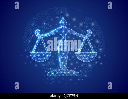 Skaliert 3D Low-Poly-Symbol mit blauem Hintergrund der Weltkarte. Justice Konzept Design Vektor Illustration. Gesetz polygonales Symbol mit verbundenen Punkten Stock Vektor