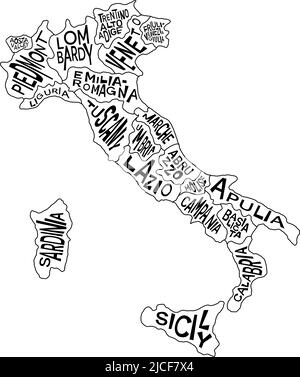 Politische Karte Italiens mit Namen der Verwaltungsprovinzen - Kampanien, Emilia-Romagna, Friaul-Julisch Venetien, Latium und mehr. Infografik zur Karte von Italien Stock Vektor