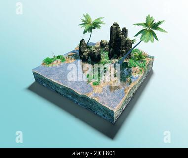 Stück tropische Insel mit Wasser, Grün und Palmen an einem Strand im Querschnitt. Mikrowelt. 3D Rendering. Stockfoto